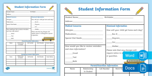 Student Information Form For Elementary School Twinkl