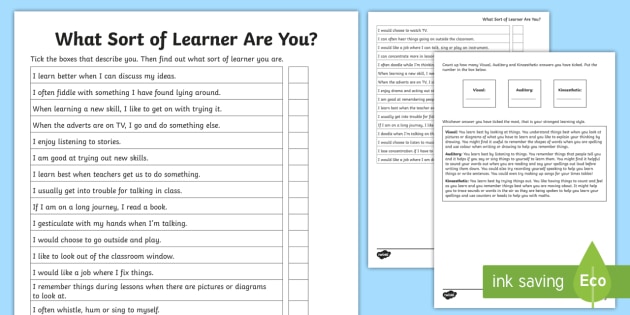 KS2 What Sort of Learner Are You? VAK Questionnaire