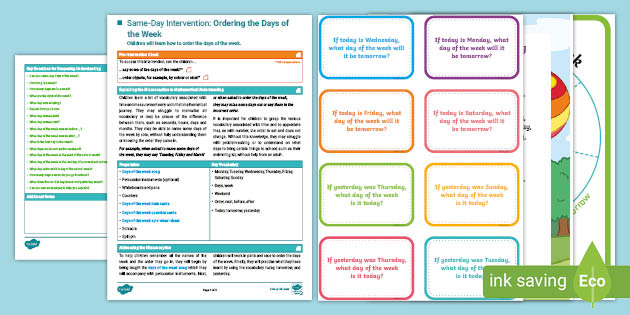 Year 1 Maths Same Day Intervention Order Days of the Week