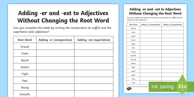 Adding er And est To Adjectives Without Changing Root Word Worksheet
