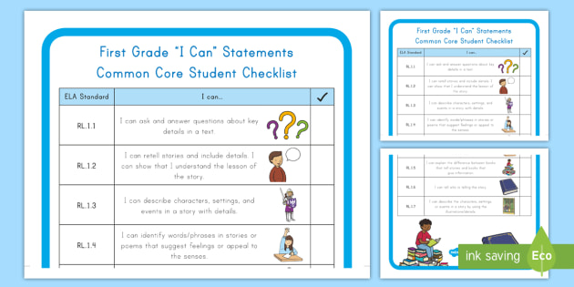 First Grade I Can Statements Common Core Student Checklist Large