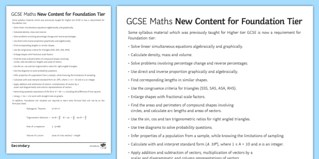 Gcse Maths Foundation Tier New Topics Checklist