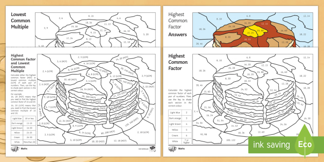 highest common factor and lowest common multiple differentiated color by