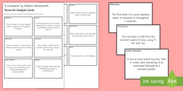 Gcse Terms For Analysis Cards To Support Teaching On A Complaint By William Your love hath been, nor long ago, a fountain at my fond heart's door. gcse terms for analysis cards to