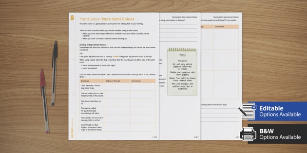 Using Semi colons Worksheet Two (teacher made)