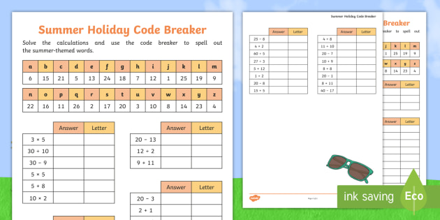 Summer Themed Calculations Code Breaker Worksheet