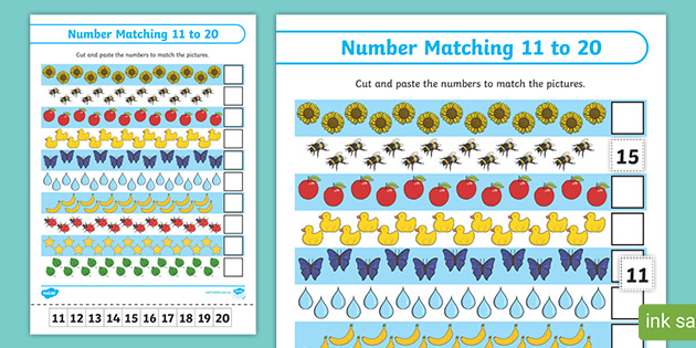 number matching cut and paste 11 20 worksheet