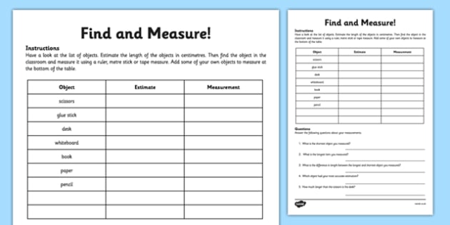 find and measure classroom objects worksheet teacher made