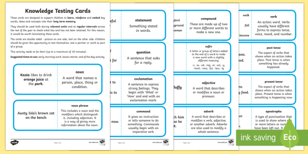 Knowledge Testing Cards Literacy Year 2 Terminology