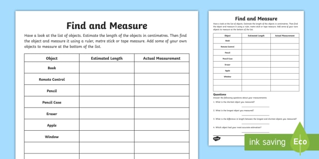 Find and Measure Worksheet / Activity Sheet - Learning from Home
