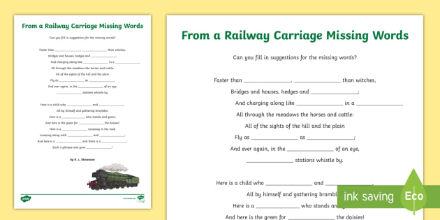 From A Railway Carriage Missing Words Worksheet Worksheet