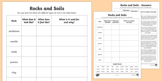 Rocks and Soils Worksheet - rocks and soils, types of rock