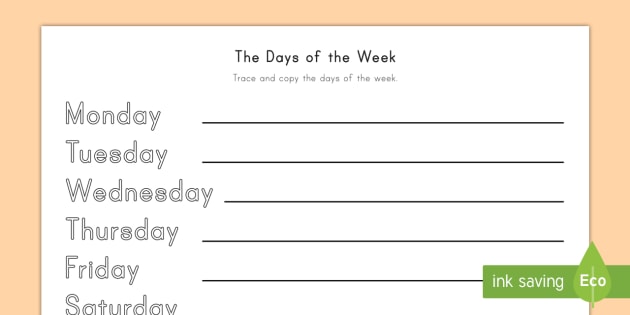 handwriting practice days of the week