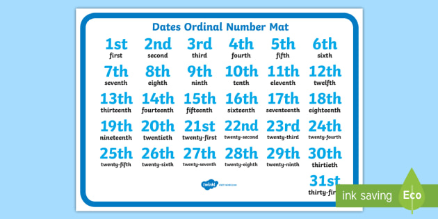 Ordinal Numbers 1 31 List