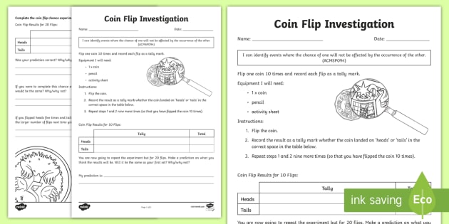 Coin Toss Probability Investigation Worksheet (teacher made)