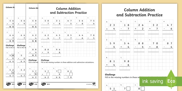 2 digit addition and subtraction by 1 digit on squared paper worksheets