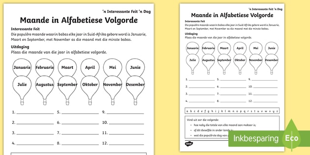 Maande Alfabetiese Volgorde Aktiwiteit