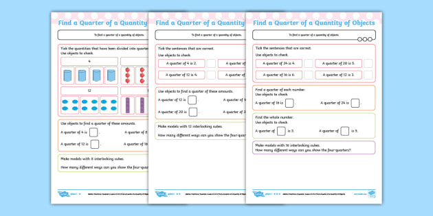 👉 Find a Quarter of a Quantity of Objects Y1 Maths Activity Sheets