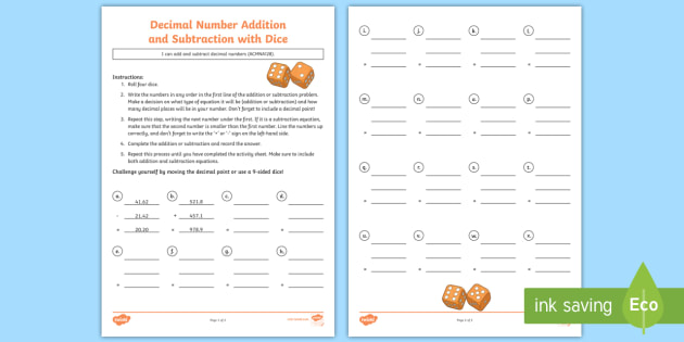 decimal number addition and subtraction with dice worksheet worksheet