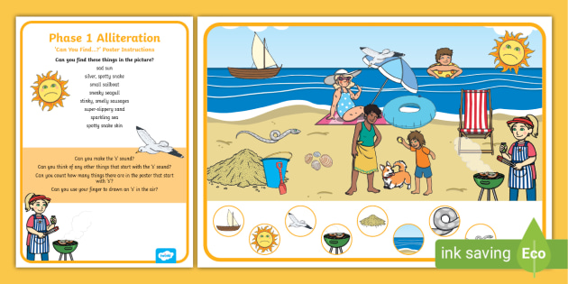 Phase 1 Phonics: Alliteration 's' Can You Find...? Poster and Prompt Card