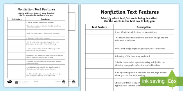 Nonfiction Text Features | Matching Worksheet | Download Now