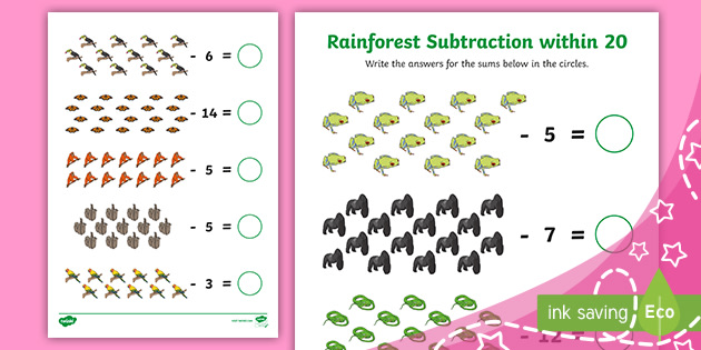 👉 Rainforest Subtraction within 20 Worksheet (Ages 5 - 6)