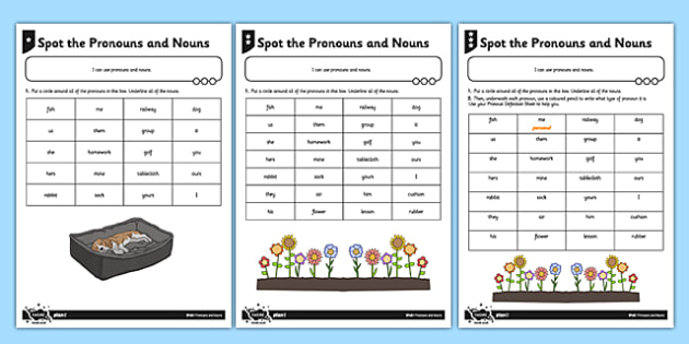spot the pronouns and nouns differentiated worksheets pack