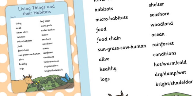 Year 2 Living Things and Habitats Scientific Vocabulary Poster