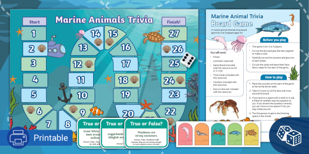 Marine Animals Printable Trivia Board Game for Earth Day