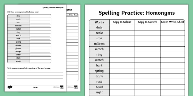 Grade 3 English Phonics Term 3 Homonyms Spelling Practice Sheets (CAPS Aligned)
