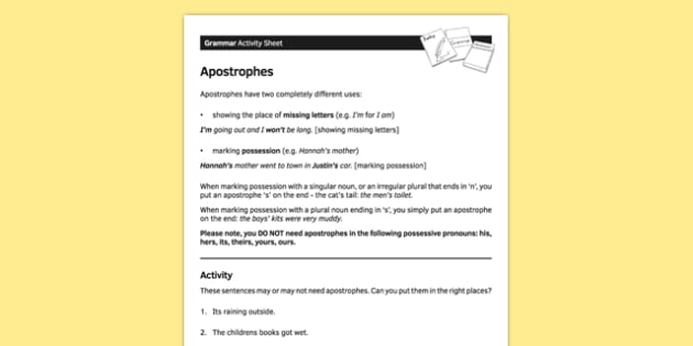 KS3 English Curriculum Apostrophes Worksheet / Worksheet