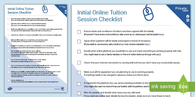 Initial Online Tuition Session Checklist