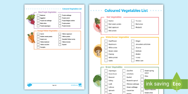 Coloured Vegetables Healthy Eating List - Parents - EYLF