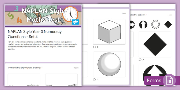 NAPLAN Style Year 3 Numeracy Questions Google Form - Set 4