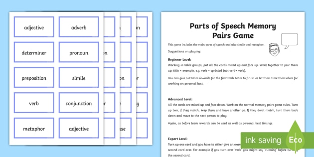 Parts of Speech Memory Pairs Game (teacher made) - Twinkl