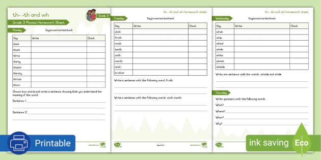 grade 3 phonics th th and wh homework sheet