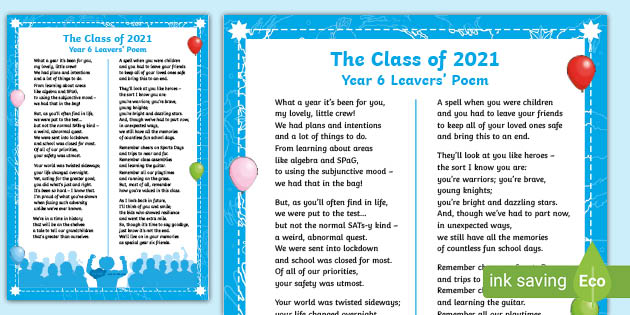 The Class of 2020: Year 6 Leavers' Poem (teacher made)