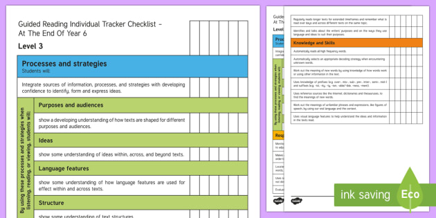 New Zealand End of Year 6 Reading Individual Tracker Checklist