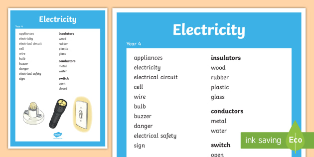 year 4 electricity scientific vocabulary poster