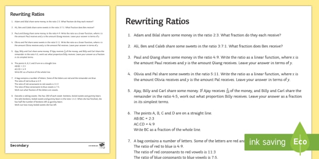 Rewriting Ratios Worksheet Secondary Maths Ks3