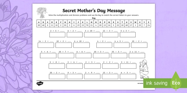 multiplication and division secret mother s day message worksheet worksheet