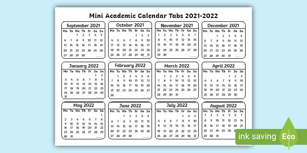 Mini Calendar 2022 Mini Academic Tabs 2021 2022 Calendar (Teacher Made)