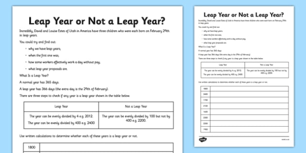 Leap Year Or Not A Leap Year Worksheet Worksheet Pack