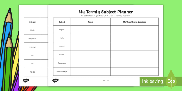 Year 6 Back to School Termly Subject Planner Worksheet ...