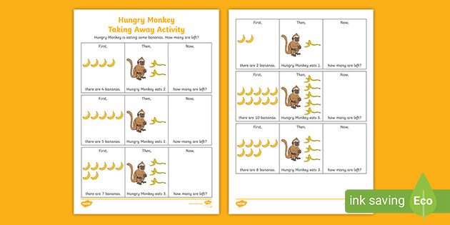 👉 Hungry Monkey Taking Away Worksheet - Maths - Twinkl