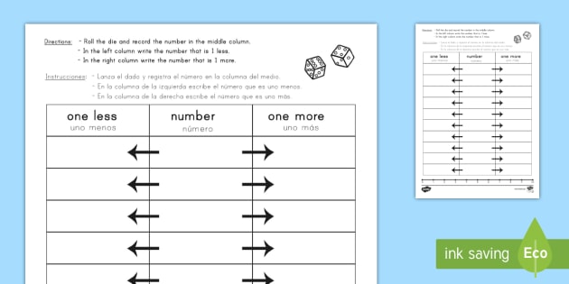 One More One Less Dice Worksheet Worksheet English Spanish One More One