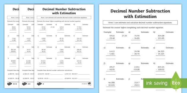 decimal number subtraction with estimation differentiated worksheet decimal number subtraction with estimation differentiated worksheet worksheets acmna year maths