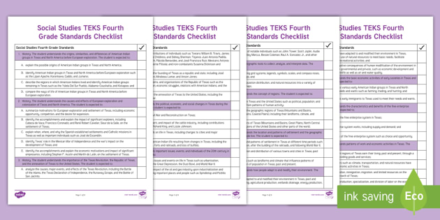 Social Studies TEKS Fourth Grade Standards Checklist