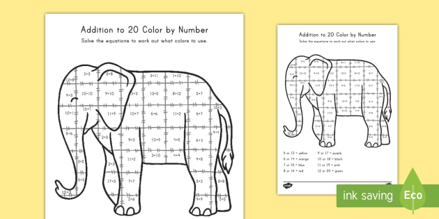 Addition To 20 Worksheet / Worksheet - math, addition, color by equation