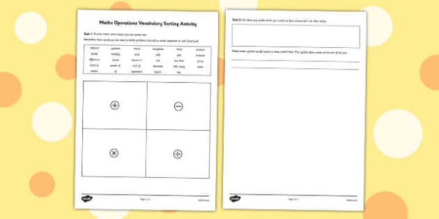 Maths Operations Vocabulary Sorting Activity